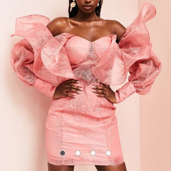 ASOS LUXE Curve wire bardot lace midi dress in pink - Picture 10 of 13